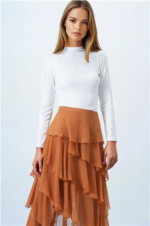 Kadın Ekru Dik Yaka Pamuklu Likralı Basic Bluz VS00848