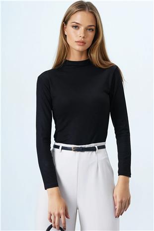 Kadın Siyah Dik Yaka Pamuklu Likralı Basic Bluz VS00848