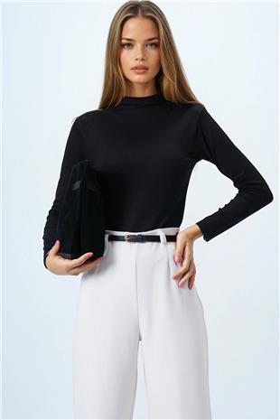 Kadın Siyah Dik Yaka Pamuklu Likralı Basic Bluz VS00848