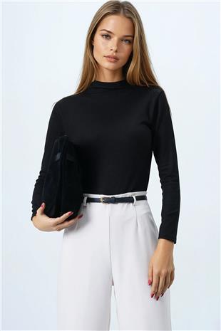 Kadın Siyah Dik Yaka Pamuklu Likralı Basic Bluz VS00848