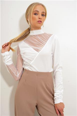 Kadın Beyaz Dik Yaka Tül Detaylı Krep Örme Bluz ALC-X12563