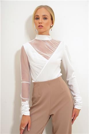 Kadın Beyaz Dik Yaka Tül Detaylı Krep Örme Bluz ALC-X12563