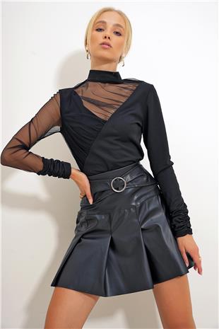 Kadın Siyah Dik Yaka Tül Detaylı Krep Örme Bluz ALC-X12563