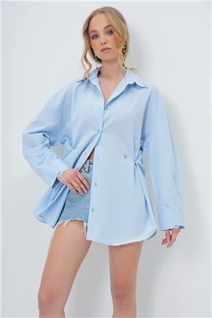 Kadın Bebe Mavi Dikiş Detaylı Yanları Daraltmalı Poplin Gömlek ALC-X13576