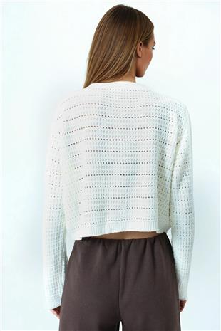 Kadın Ekru Dokulu Örgü Desenli Uzun Kollu Düğmeli Triko Hırka VS01049