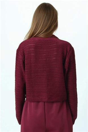 Kadın Bordo Dokulu Örgü Desenli Uzun Kollu Düğmeli Triko Hırka VS01049