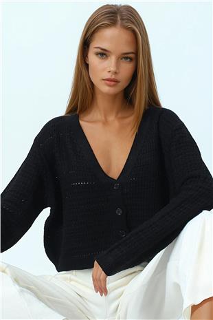 Kadın Siyah Dokulu Örgü Desenli Uzun Kollu Düğmeli Triko Hırka VS01049