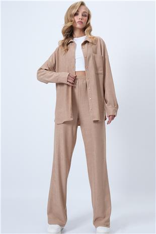 Kadın Bej Dokulu Tek Cepli Gömlekve Pantolon Takım ALC-X14448