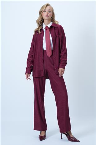 Kadın Bordo Dokulu Tek Cepli Gömlekve Pantolon Takım ALC-X14448