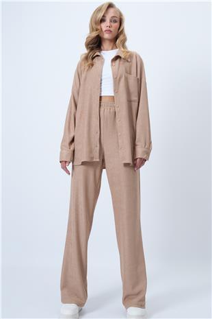 Kadın Bej Dokulu Tek Cepli Gömlekve Pantolon Takım ALC-X14448