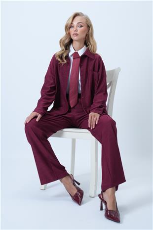 Kadın Bordo Dokulu Tek Cepli Gömlekve Pantolon Takım ALC-X14448