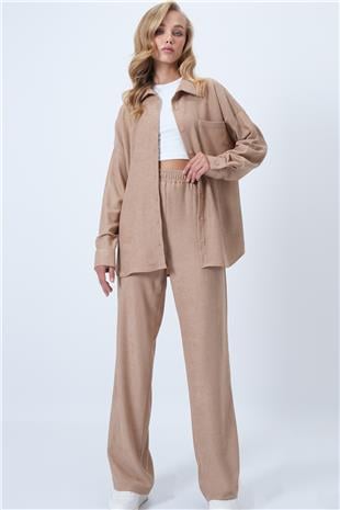 Kadın Bej Dokulu Tek Cepli Gömlekve Pantolon Takım ALC-X14448