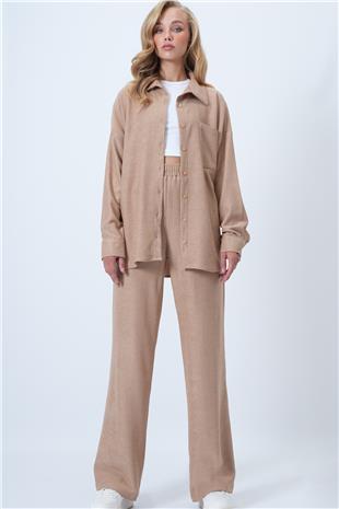 Kadın Bej Dokulu Tek Cepli Gömlekve Pantolon Takım ALC-X14448