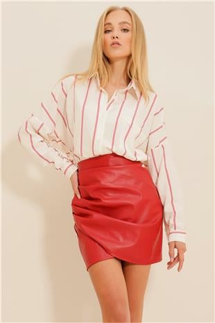 Kadın Kırmızı Drapeli Deri Etek ALC-X9230