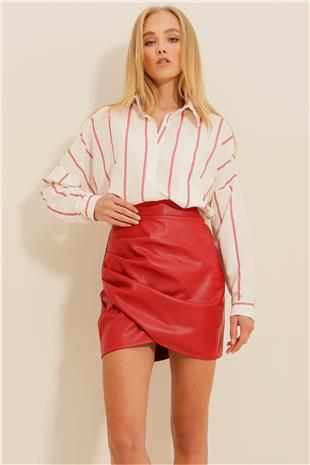 Kadın Kırmızı Drapeli Deri Etek ALC-X9230