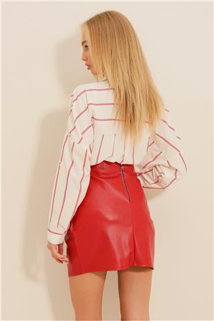 Kadın Kırmızı Drapeli Deri Etek ALC-X9230