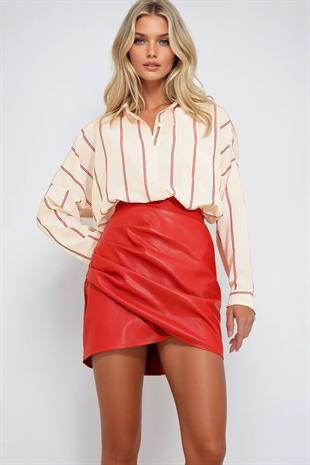 Kadın Kırmızı Drapeli Deri Etek ALC-X9230