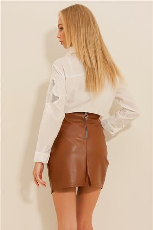 Kadın Taba Drapeli Deri Etek ALC-X9230