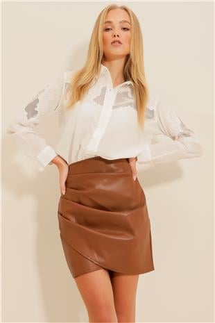 Kadın Taba Drapeli Deri Etek ALC-X9230