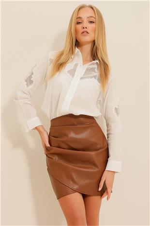 Kadın Taba Drapeli Deri Etek ALC-X9230