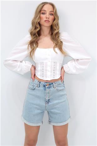 Kadın Açık Mavi Duble Paça Cepli Jean Kot Şort ALC-X10553