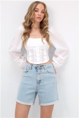 Kadın Açık Mavi Duble Paça Cepli Jean Kot Şort ALC-X10553