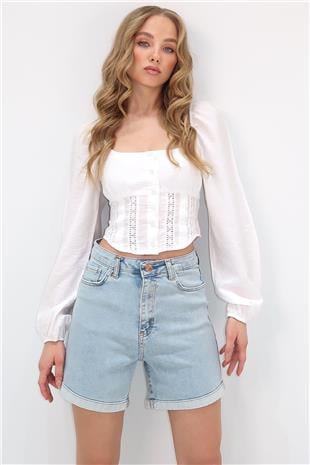 Kadın Açık Mavi Duble Paça Cepli Jean Kot Şort ALC-X10553