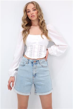 Kadın Açık Mavi Duble Paça Cepli Jean Kot Şort ALC-X10553