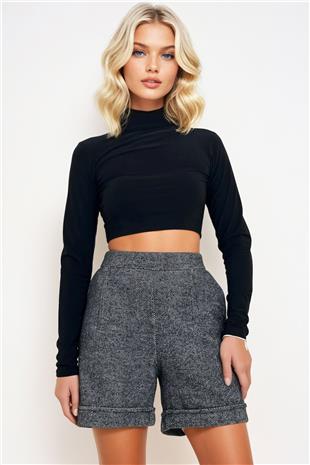 Kadın Siyah Duble Paça Çift Cepli Kışlık Kaşe Şort ALC-X13297