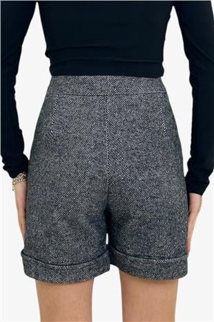 Kadın Siyah Duble Paça Çift Cepli Kışlık Kaşe Şort ALC-X13297