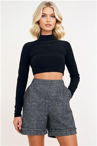 Kadın Siyah Duble Paça Çift Cepli Kışlık Kaşe Şort ALC-X13297