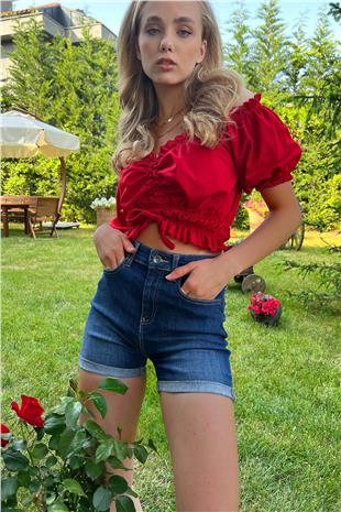Kadın Koyu Mavi Duble Paça Yüksek Bel Denim Şort ALC-X5938