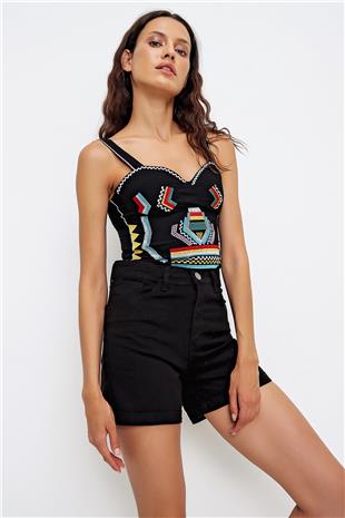 Duble Paça Yüksek Bel Denim Şort - Siyah