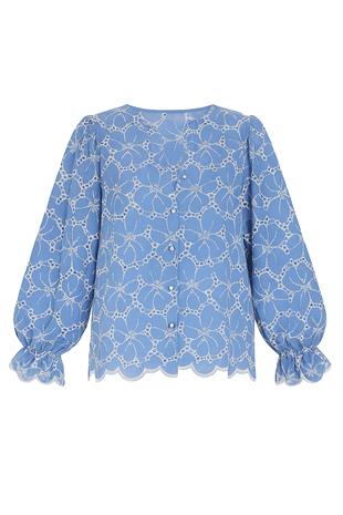 Kadın Mavi Düğme Detaylı Nakışlı Balon Kol Bluz ALC-X10694