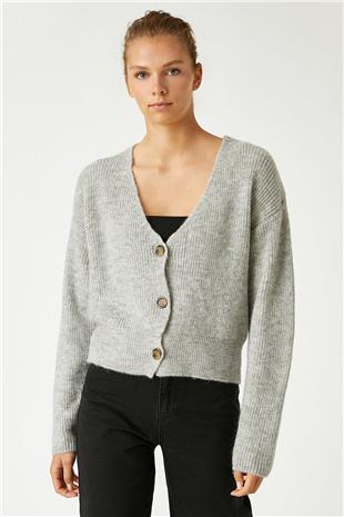 Kadın Gri Düğmeli V Yaka Triko Hırka VS01280