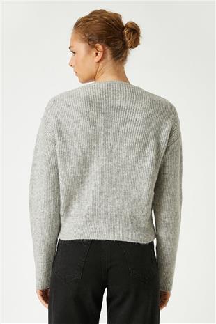 Kadın Gri Düğmeli V Yaka Triko Hırka VS01280