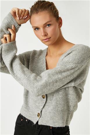 Kadın Gri Düğmeli V Yaka Triko Hırka VS01280