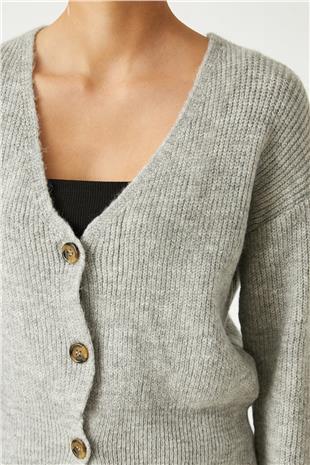 Kadın Gri Düğmeli V Yaka Triko Hırka VS01280