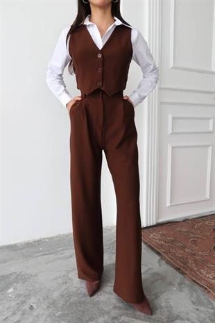Kadın Kahverengi Düğmeli Yelek Ve Palazzo Pantolon Takım VS01370