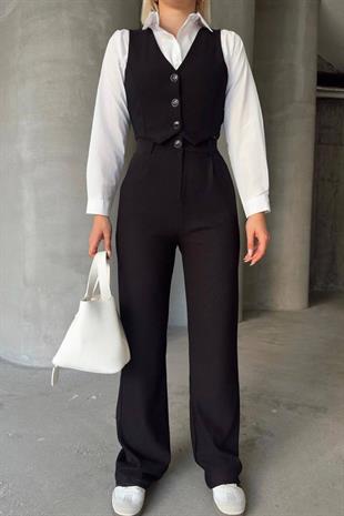 Kadın Siyah Düğmeli Yelek Ve Palazzo Pantolon Takım VS01370