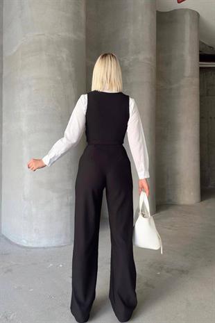 Kadın Siyah Düğmeli Yelek Ve Palazzo Pantolon Takım VS01370