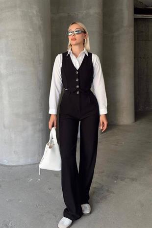 Kadın Siyah Düğmeli Yelek Ve Palazzo Pantolon Takım VS01370