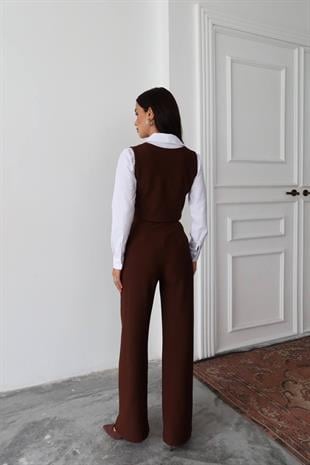 Kadın Kahverengi Düğmeli Yelek Ve Palazzo Pantolon Takım VS01370