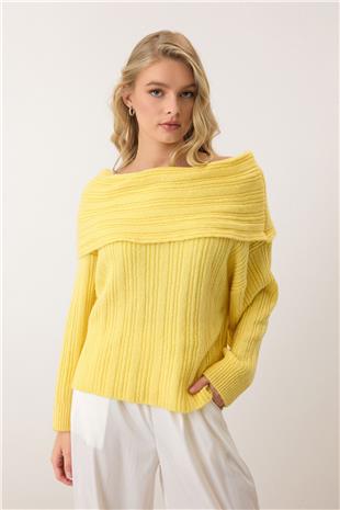 Kadın Sarı Düşük Omuzlu Fitilli Triko Kazak VS00929