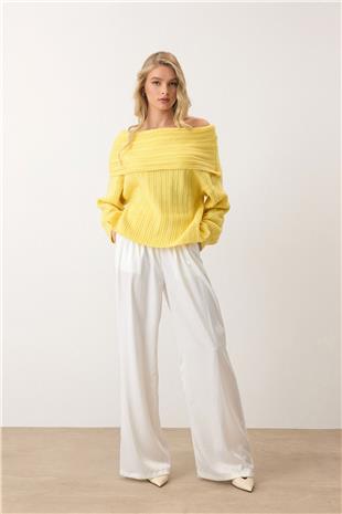 Kadın Sarı Düşük Omuzlu Fitilli Triko Kazak VS00929