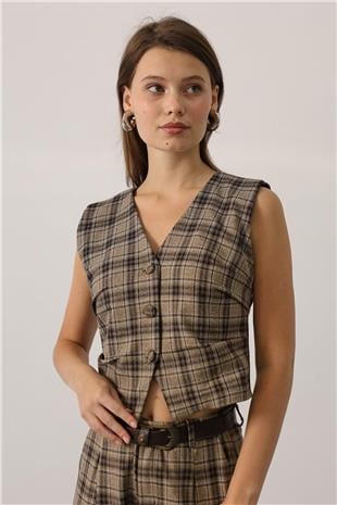 Kadın Bej-Kahve Ekose Desenli Düğmeli Yelek VS01146