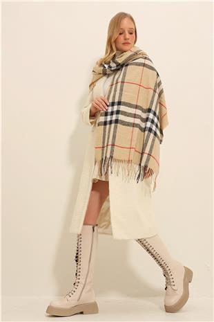 Kadın Bej Ekose Desenli Şal ALC-X11351