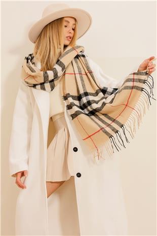 Kadın Bej Ekose Desenli Şal ALC-X11152