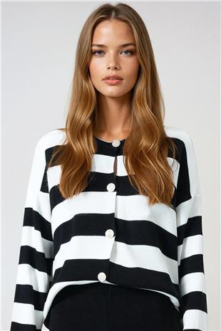 Kadın Siyah Ekru Kalın Çizgili Düğmeli Triko Hırka VS00977