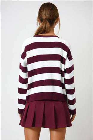 Kadın Bordo Ekru Kalın Çizgili Düğmeli Triko Hırka VS00977